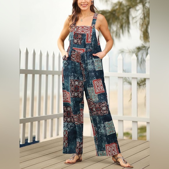 UANEO Pants - Boho Printed Wide Leg Overalls, Size Small